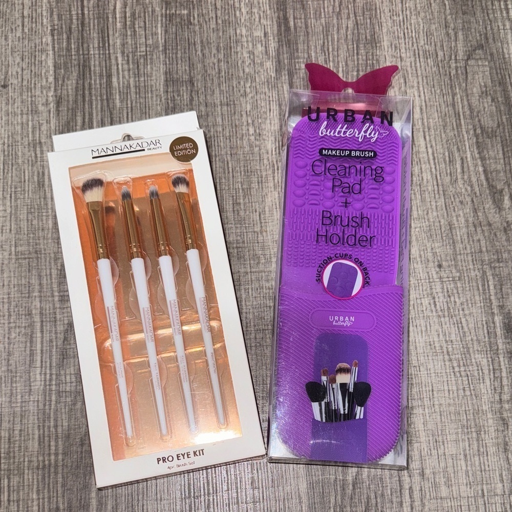 4-Piece Pro Eye Brush Set + Makeup Brush Cleaning Pad & Holder with Suction Cup